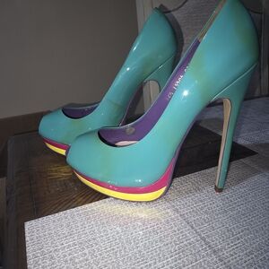 ANDREA FENZI Teal and Yellow Platform Heels